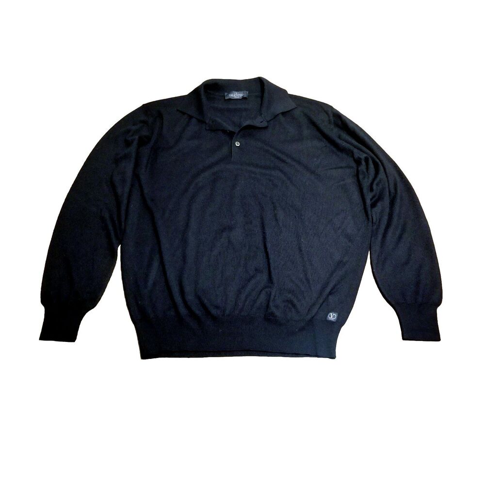 Valentino Polo Sweater Men Size XXL Black Wool Blend Lightweight Made In Italy